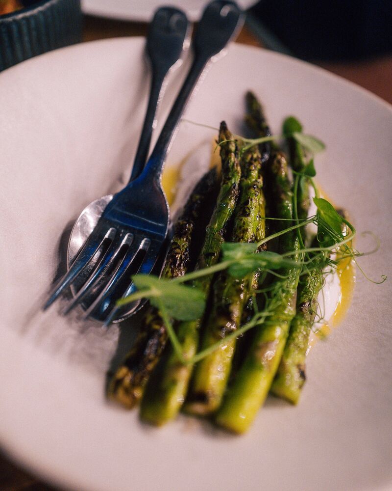 Grilled asparagus with pea shoots at Lee Brasserie
